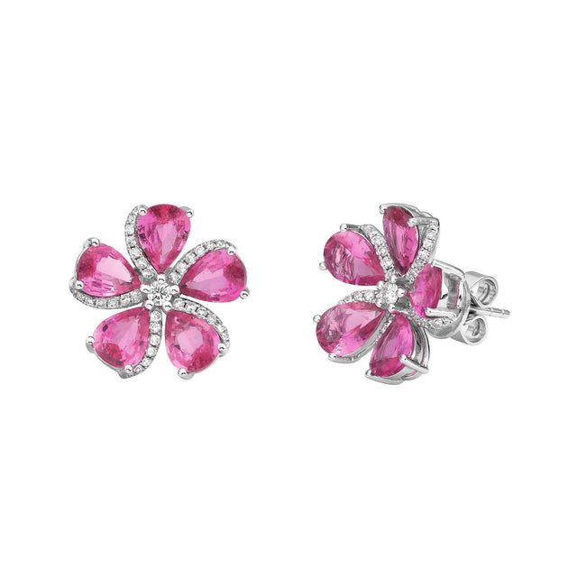 Flower-Shaped Pink Sapphire and Diamond Stud Earrings
