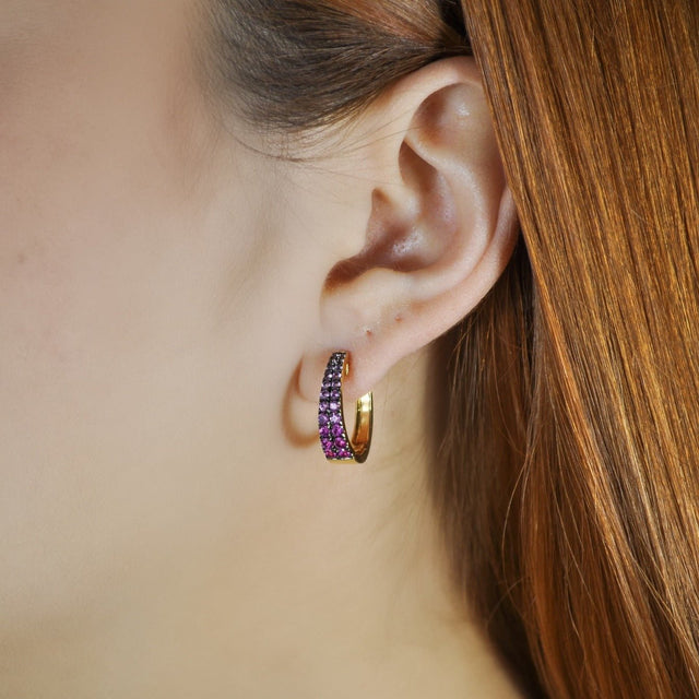 Gold Satin Rose Pink Sapphire Huggie Hoops