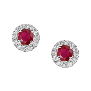 White Gold Ruby Studs with Diamond Halo Earrings