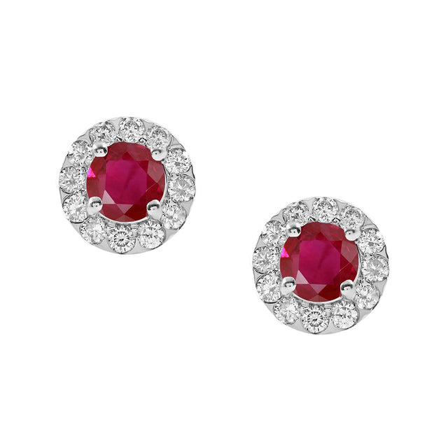 White Gold Ruby Studs with Diamond Halo Earrings