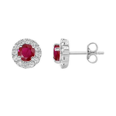 White Gold Ruby Studs with Diamond Halo Earrings