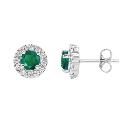 Emerald Studs with Diamond Halo Earrings