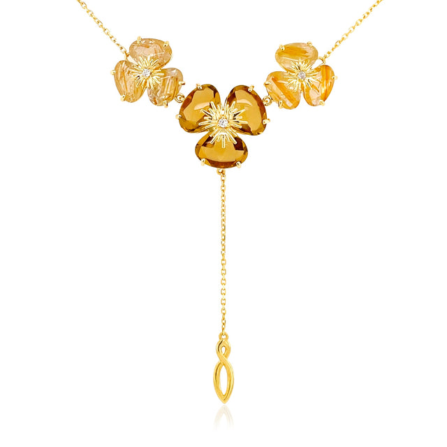 18k Yellow Gold Citrine, Rutilated Quartz Pensée Necklace