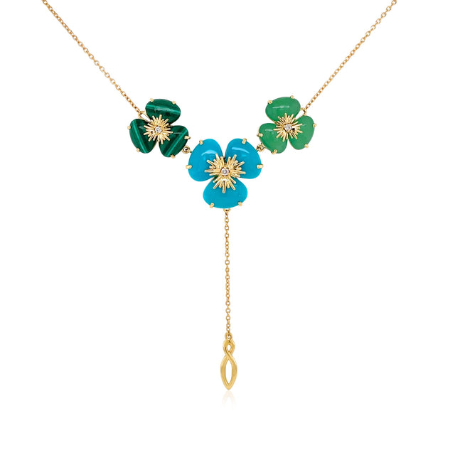 18K Yellow Gold Turquoise, Mint Quartz, Malachite Pensée Necklace