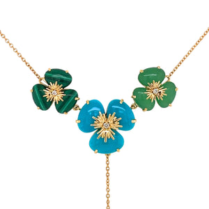 18K Yellow Gold Turquoise, Mint Quartz, Malachite Pensée Necklace