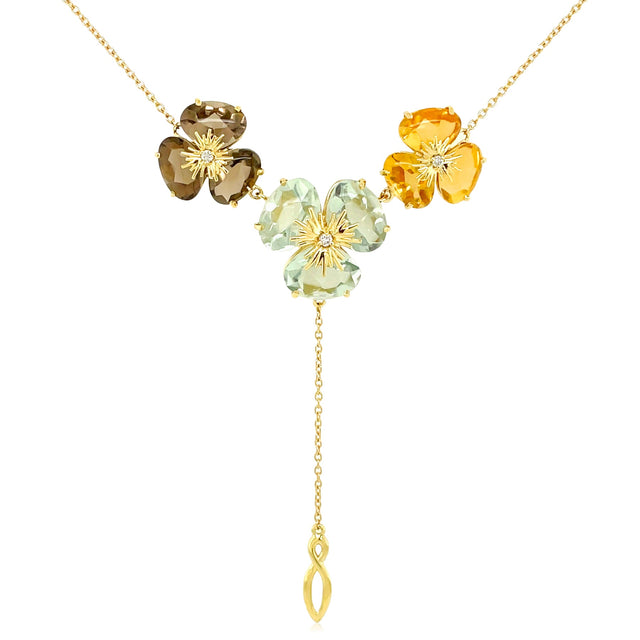 18K Yellow Gold Prasiolite, Smoky Quartz, Citrine Pensée Necklace