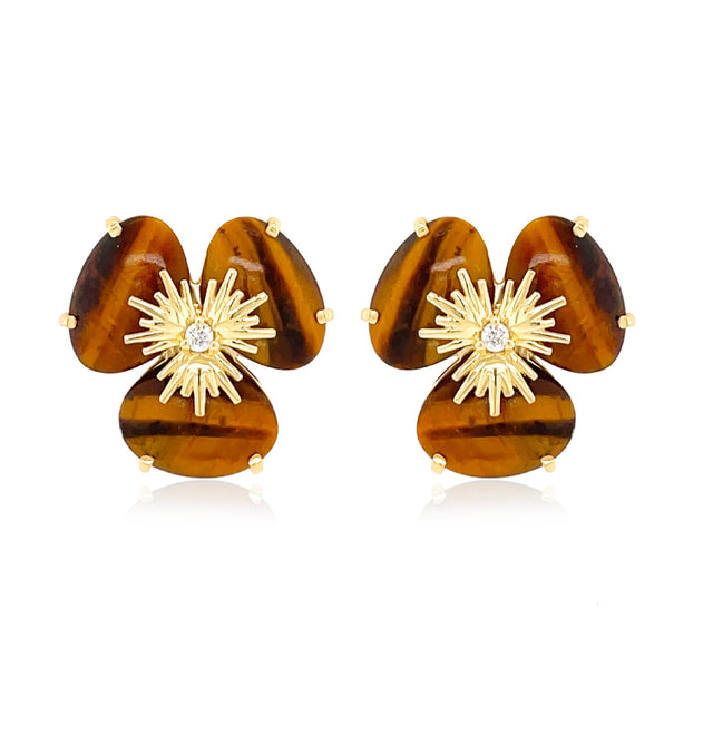 18K Yellow Gold Tiger Eye Pensée Earrings