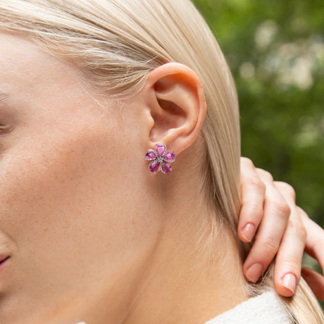 Flower-Shaped Pink Sapphire and Diamond Stud Earrings